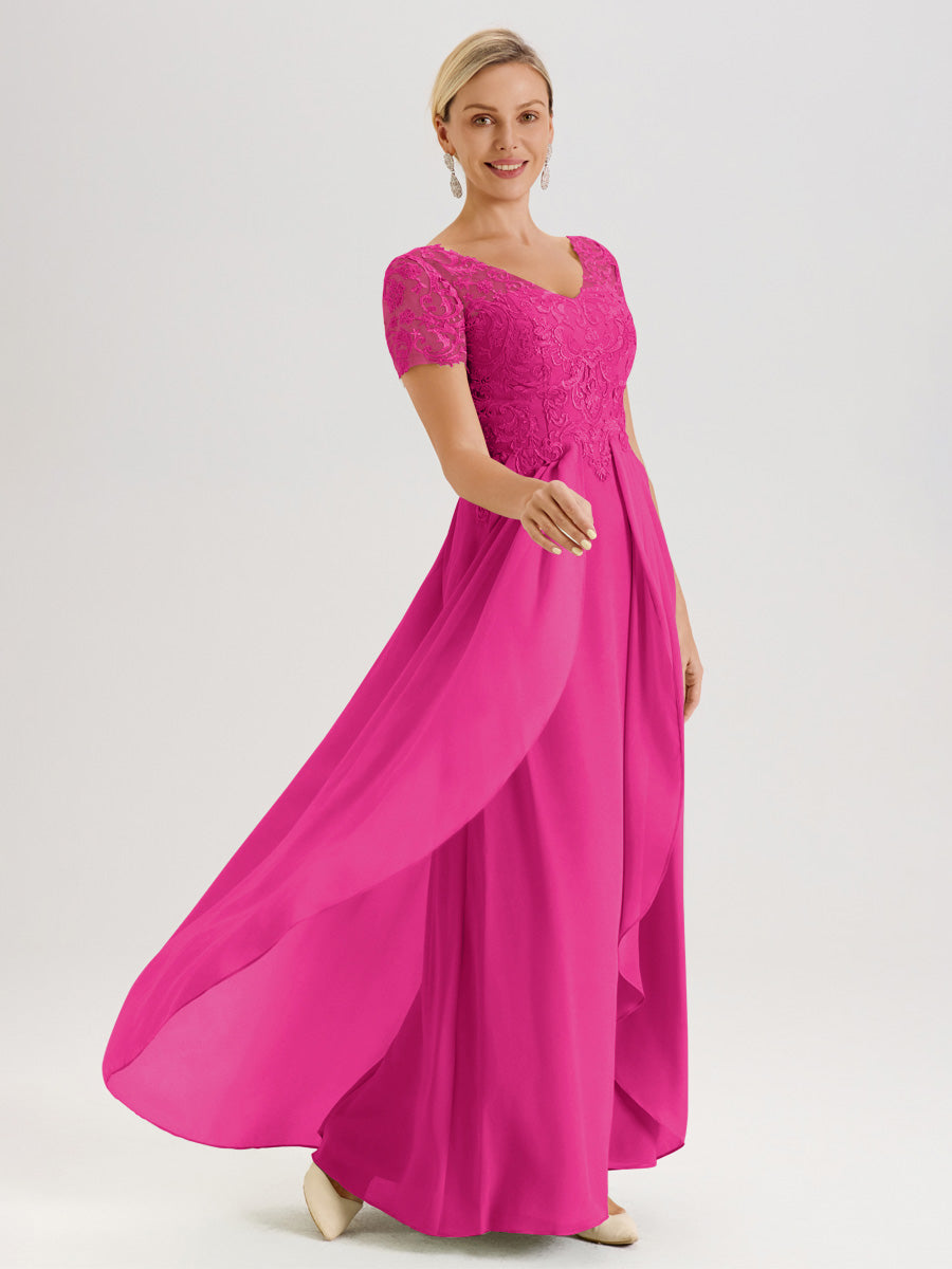 Cicinia Fuchsia Robe De Mère De La Mariée Longue Ligne A En Dentelle Et Mousseline À Manches Courtes Et Décolleté En V
