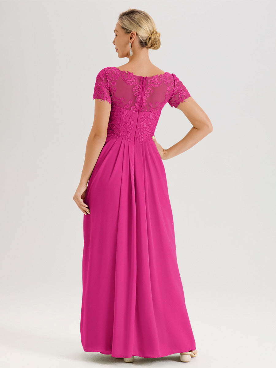 Cicinia Fuchsia Robe De Mère De La Mariée Longue Ligne A En Dentelle Et Mousseline À Manches Courtes Et Décolleté En V