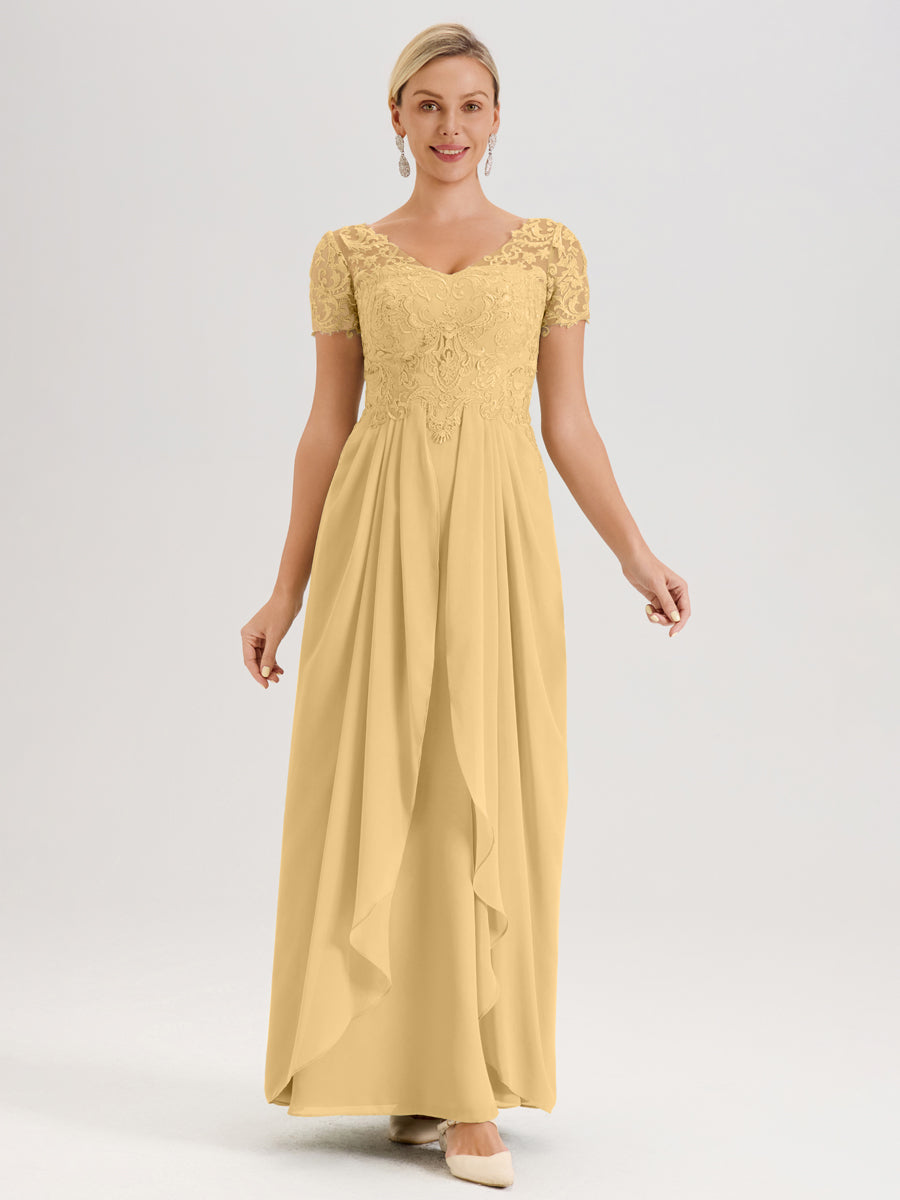 Cicinia Or Robe De Mère De La Mariée Longue Ligne A En Dentelle Et Mousseline À Manches Courtes Et Décolleté En V