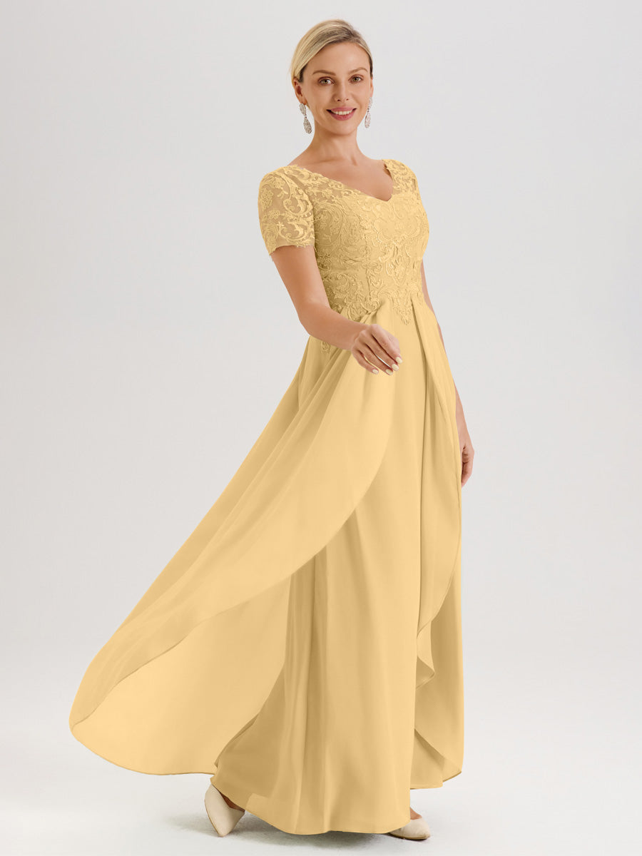 Cicinia Or Robe De Mère De La Mariée Longue Ligne A En Dentelle Et Mousseline À Manches Courtes Et Décolleté En V