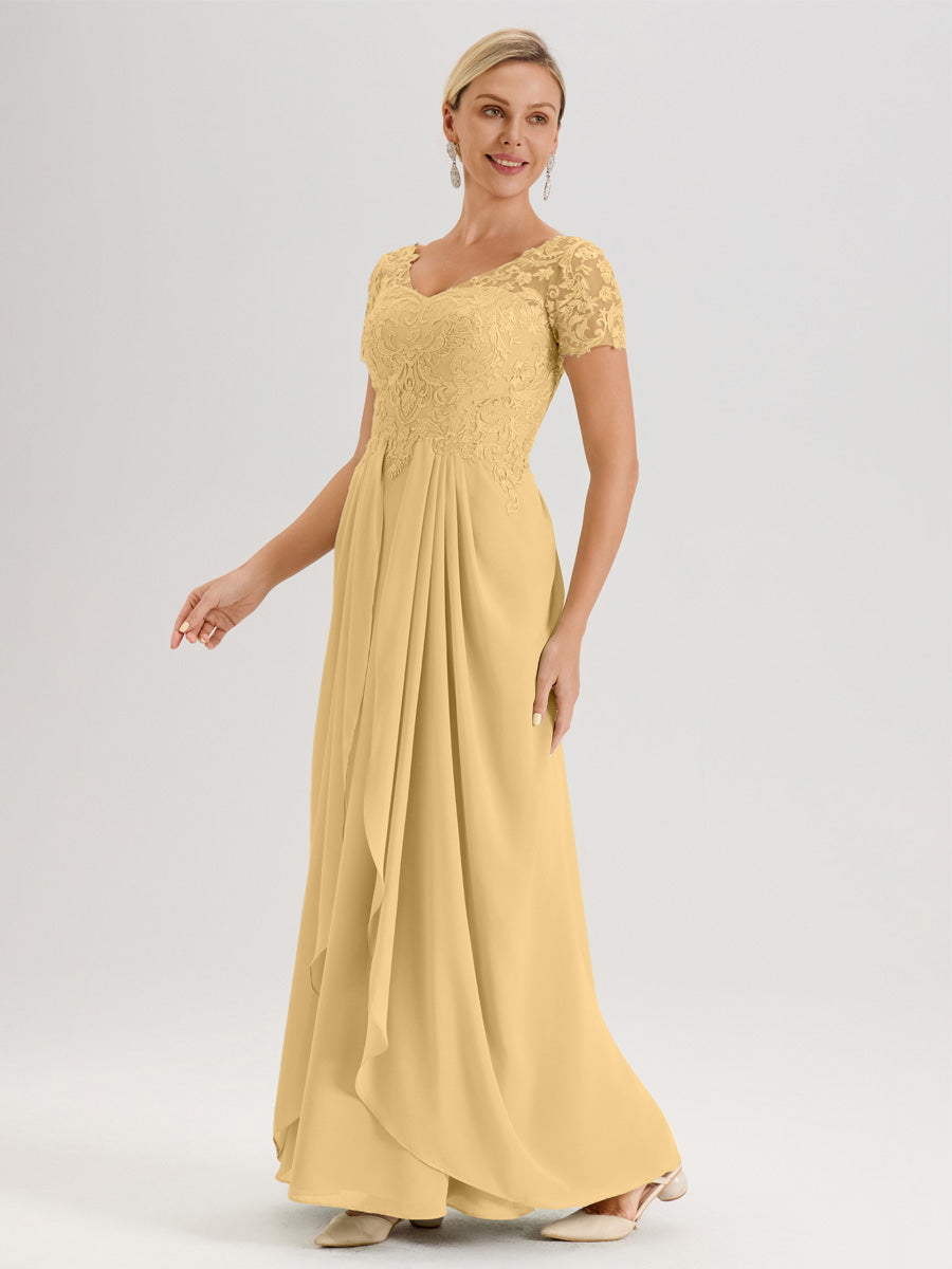 Cicinia Or Robe De Mère De La Mariée Longue Ligne A En Dentelle Et Mousseline À Manches Courtes Et Décolleté En V
