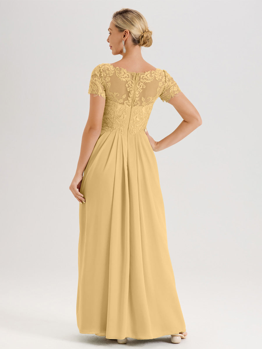 Cicinia Or Robe De Mère De La Mariée Longue Ligne A En Dentelle Et Mousseline À Manches Courtes Et Décolleté En V