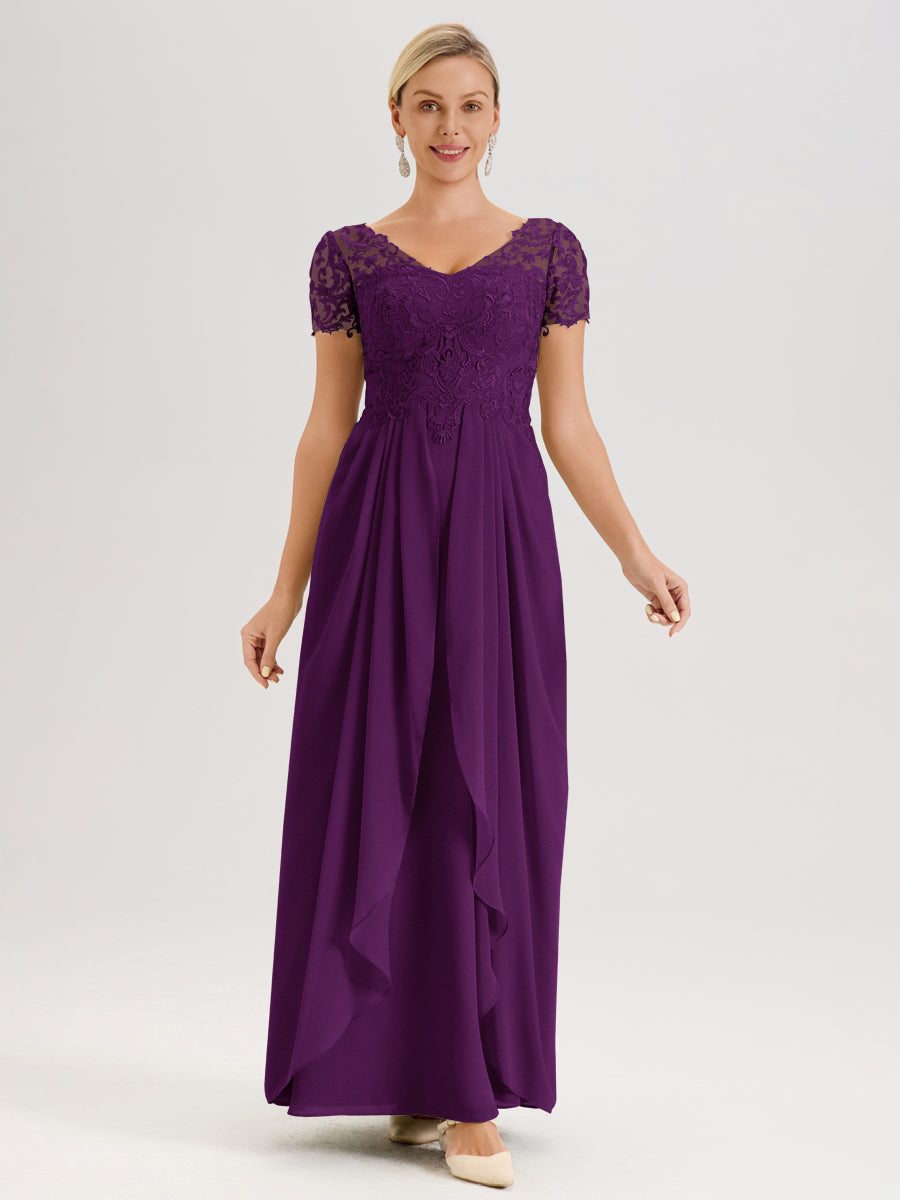 Cicinia Raisin Robe De Mère De La Mariée Longue Ligne A En Dentelle Et Mousseline À Manches Courtes Et Décolleté En V