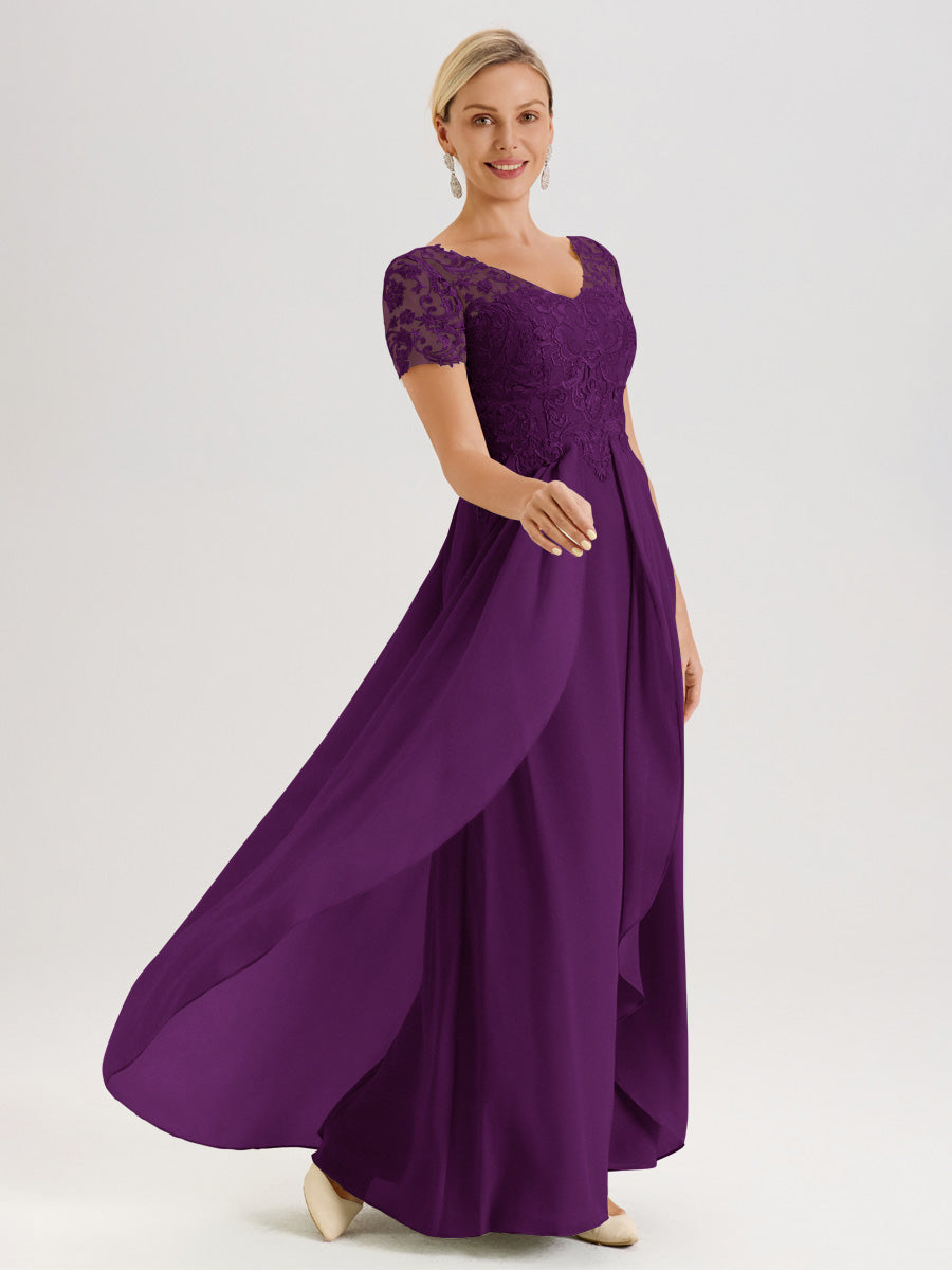 Cicinia Raisin Robe De Mère De La Mariée Longue Ligne A En Dentelle Et Mousseline À Manches Courtes Et Décolleté En V