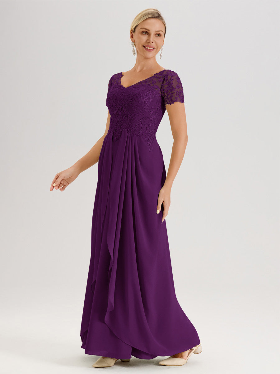 Cicinia Raisin Robe De Mère De La Mariée Longue Ligne A En Dentelle Et Mousseline À Manches Courtes Et Décolleté En V