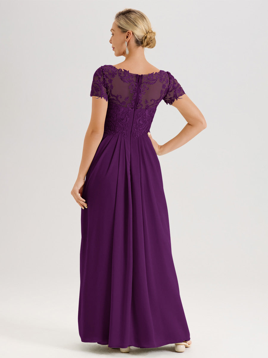 Cicinia Raisin Robe De Mère De La Mariée Longue Ligne A En Dentelle Et Mousseline À Manches Courtes Et Décolleté En V