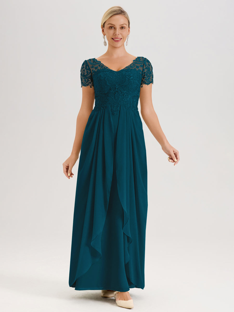 Cicinia Bleu Encre Robe De Mère De La Mariée Longue Ligne A En Dentelle Et Mousseline À Manches Courtes Et Décolleté En V