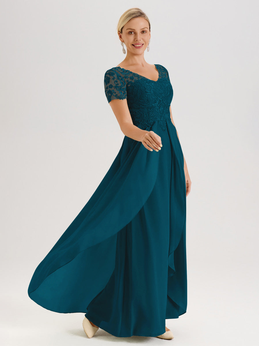 Cicinia Bleu Encre Robe De Mère De La Mariée Longue Ligne A En Dentelle Et Mousseline À Manches Courtes Et Décolleté En V