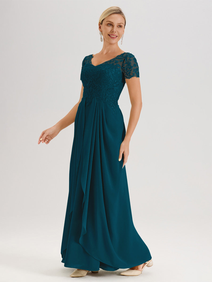 Cicinia Bleu Encre Robe De Mère De La Mariée Longue Ligne A En Dentelle Et Mousseline À Manches Courtes Et Décolleté En V