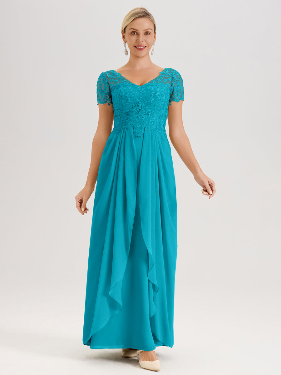 Cicinia Jade Robe De Mère De La Mariée Longue Ligne A En Dentelle Et Mousseline À Manches Courtes Et Décolleté En V