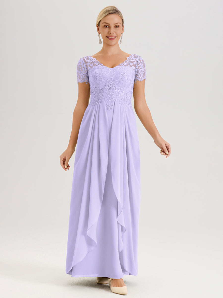 Cicinia Lilas Robe De Mère De La Mariée Longue Ligne A En Dentelle Et Mousseline À Manches Courtes Et Décolleté En V