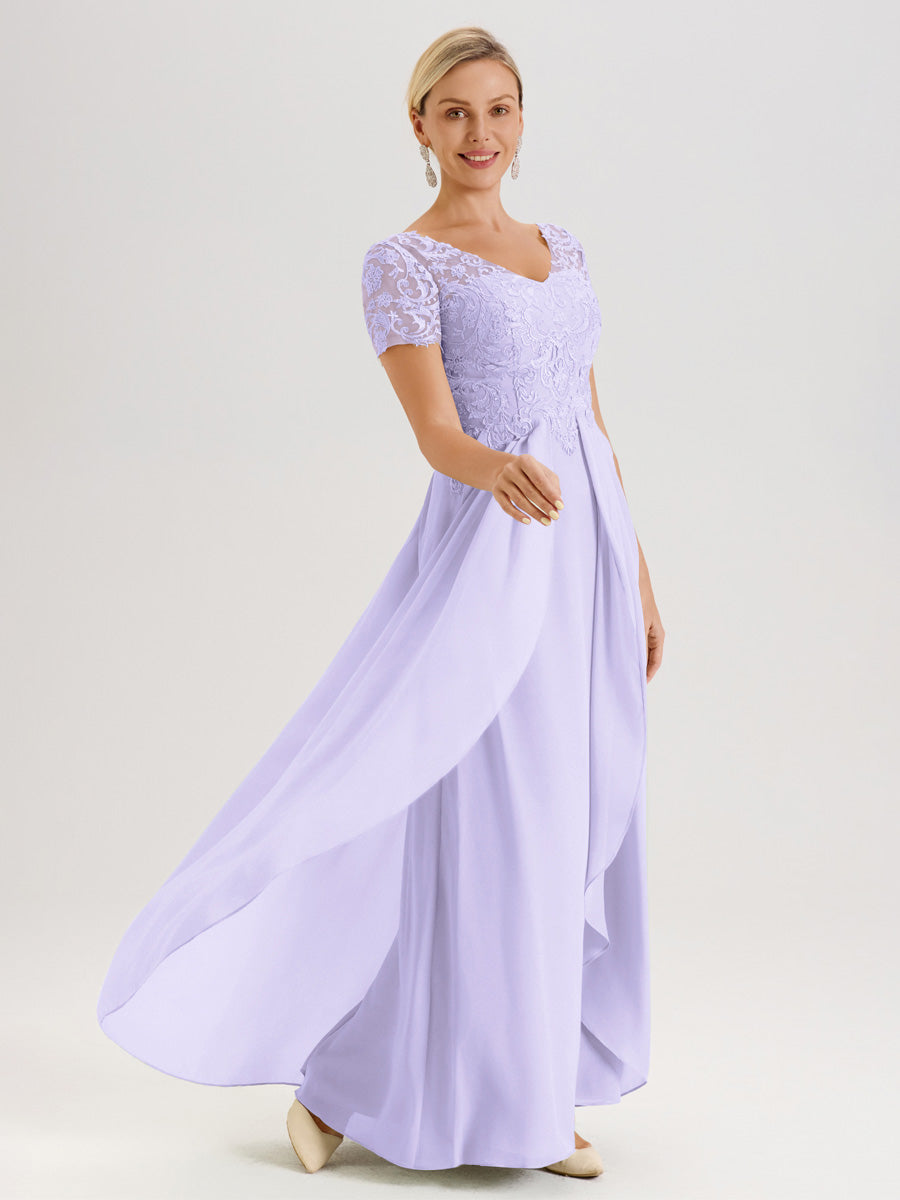 Cicinia Lilas Robe De Mère De La Mariée Longue Ligne A En Dentelle Et Mousseline À Manches Courtes Et Décolleté En V