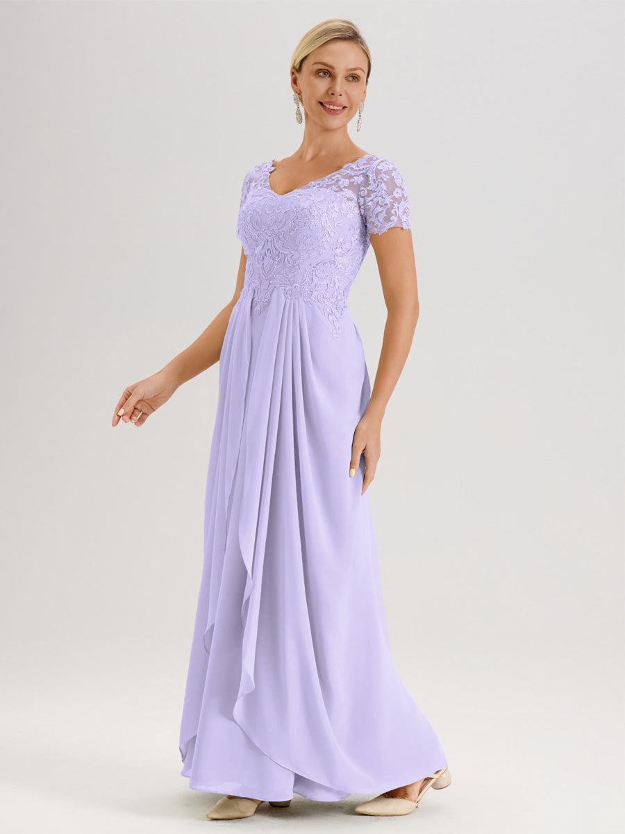 Cicinia Lilas Robe De Mère De La Mariée Longue Ligne A En Dentelle Et Mousseline À Manches Courtes Et Décolleté En V