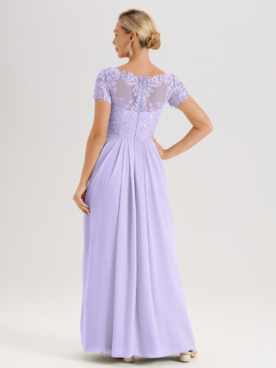 Cicinia Lilas Robe De Mère De La Mariée Longue Ligne A En Dentelle Et Mousseline À Manches Courtes Et Décolleté En V