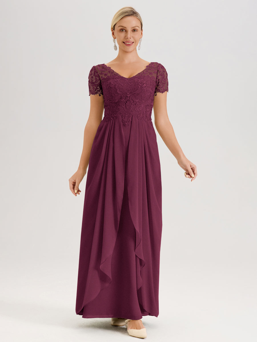 Cicinia Mûre Robe De Mère De La Mariée Longue Ligne A En Dentelle Et Mousseline À Manches Courtes Et Décolleté En V