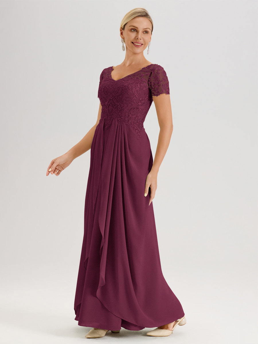 Cicinia Mûre Robe De Mère De La Mariée Longue Ligne A En Dentelle Et Mousseline À Manches Courtes Et Décolleté En V