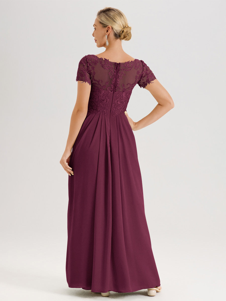 Cicinia Mûre Robe De Mère De La Mariée Longue Ligne A En Dentelle Et Mousseline À Manches Courtes Et Décolleté En V