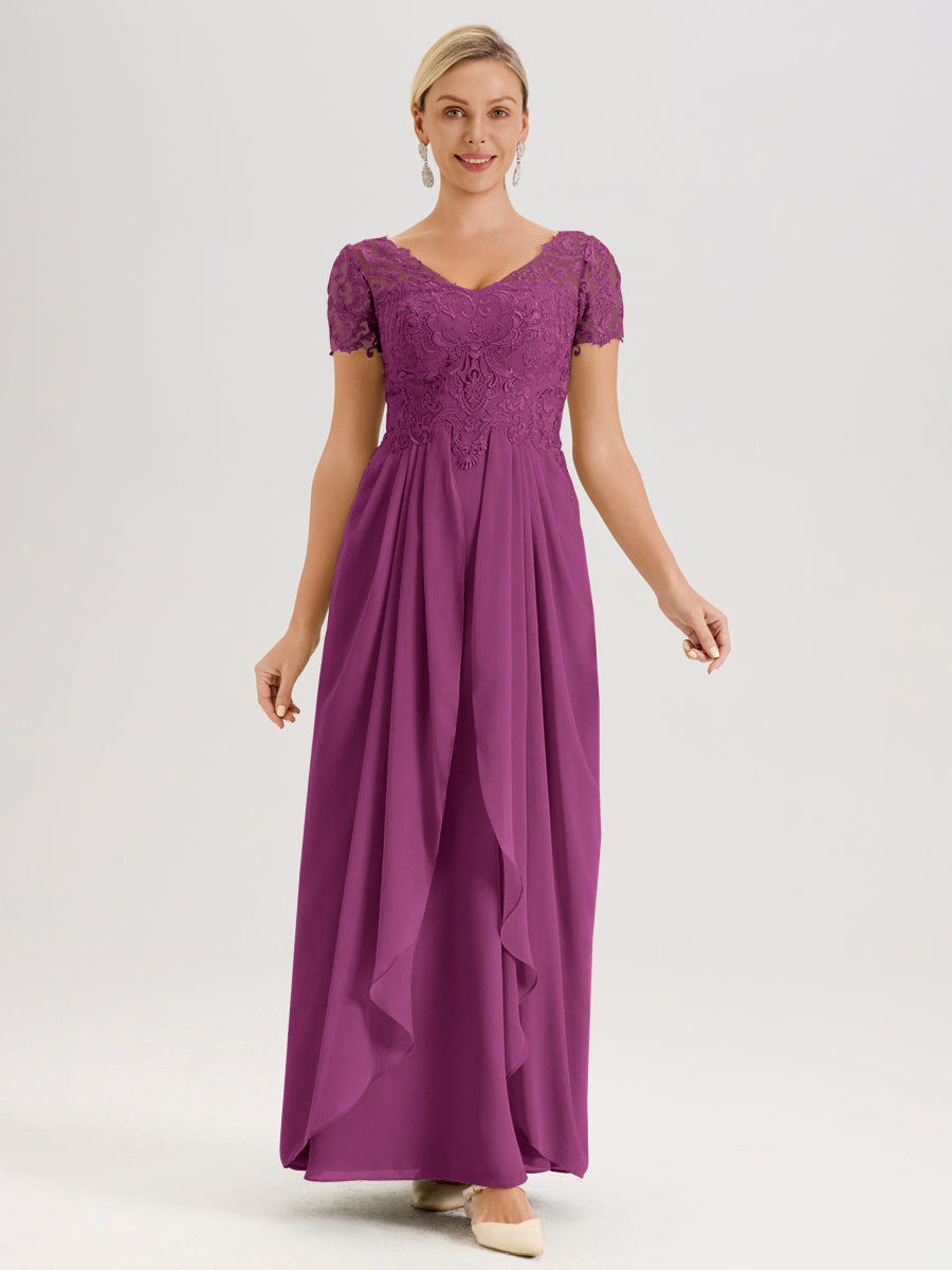 Cicinia Orchidée Robe De Mère De La Mariée Longue Ligne A En Dentelle Et Mousseline À Manches Courtes Et Décolleté En V