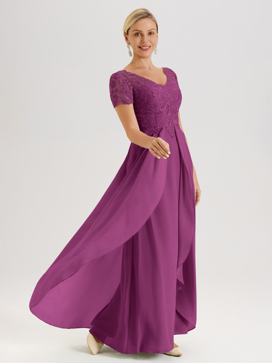 Cicinia Orchidée Robe De Mère De La Mariée Longue Ligne A En Dentelle Et Mousseline À Manches Courtes Et Décolleté En V