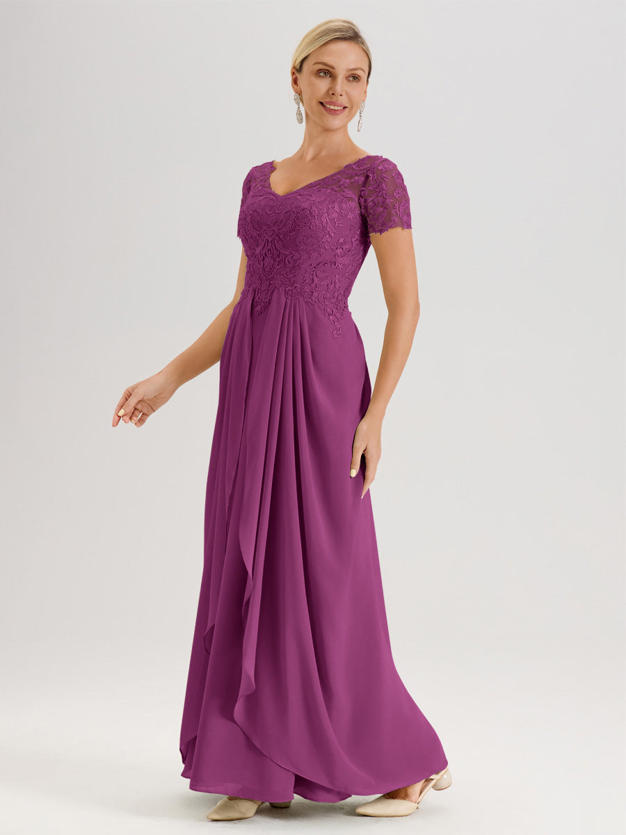 Cicinia Orchidée Robe De Mère De La Mariée Longue Ligne A En Dentelle Et Mousseline À Manches Courtes Et Décolleté En V