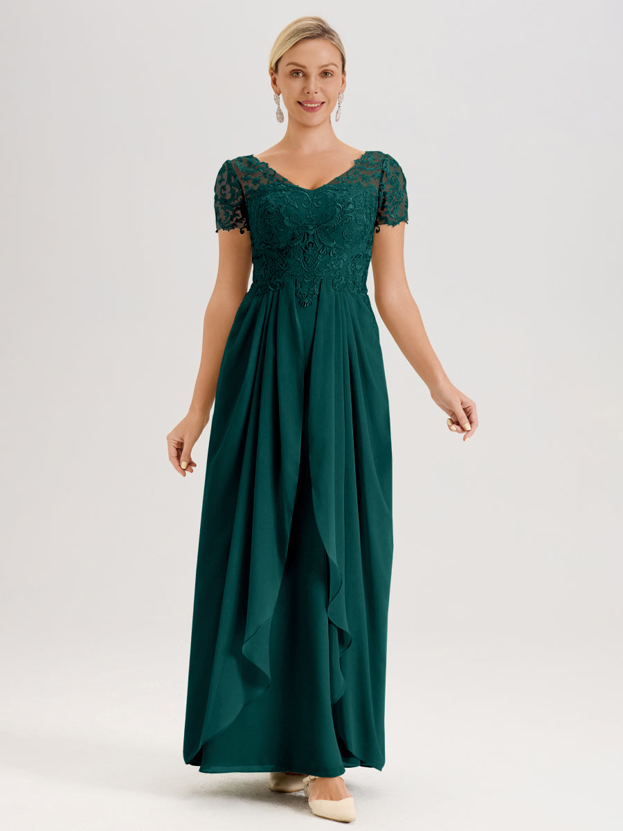Cicinia Paon Robe De Mère De La Mariée Longue Ligne A En Dentelle Et Mousseline À Manches Courtes Et Décolleté En V