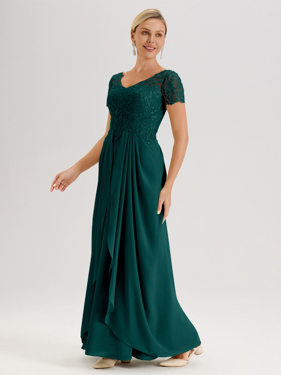Cicinia Paon Robe De Mère De La Mariée Longue Ligne A En Dentelle Et Mousseline À Manches Courtes Et Décolleté En V