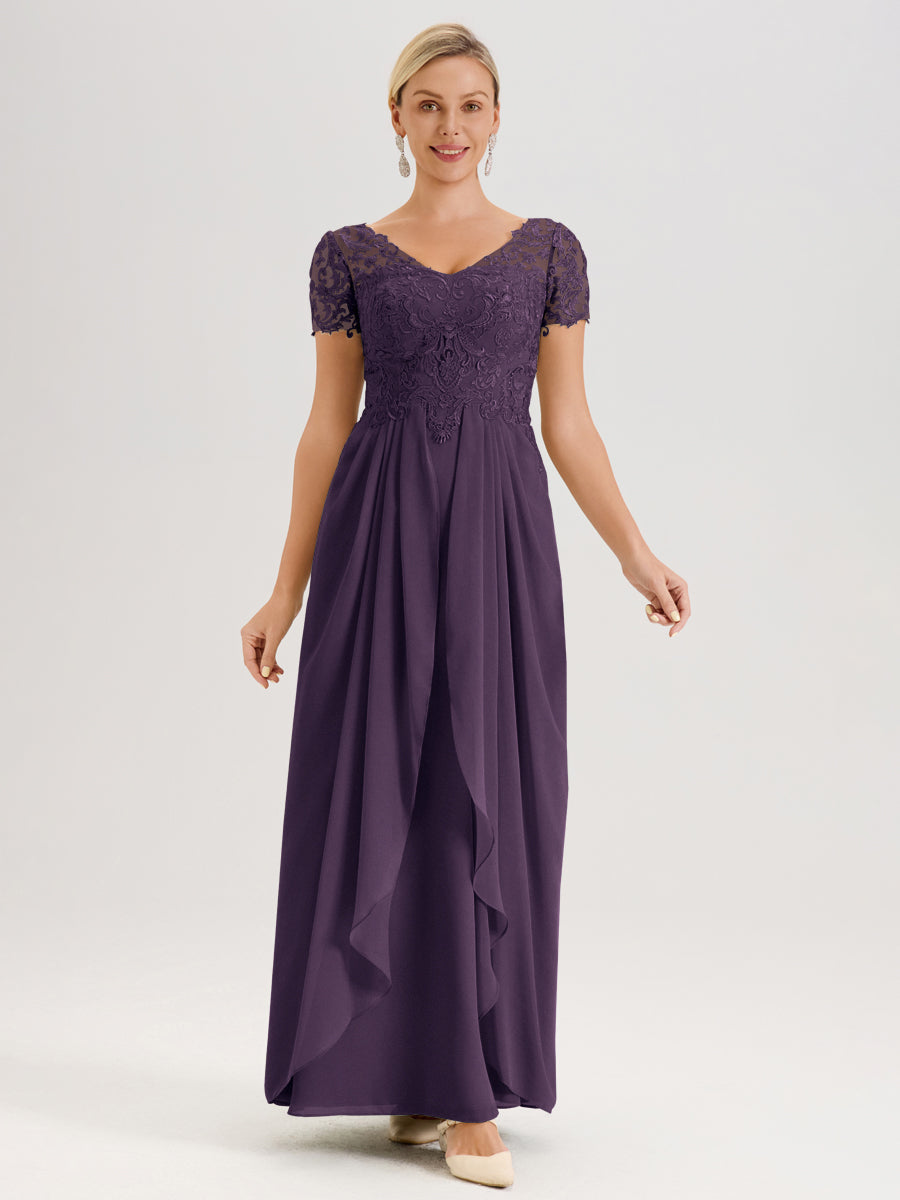 Cicinia Plum Robe De Mère De La Mariée Longue Ligne A En Dentelle Et Mousseline À Manches Courtes Et Décolleté En V