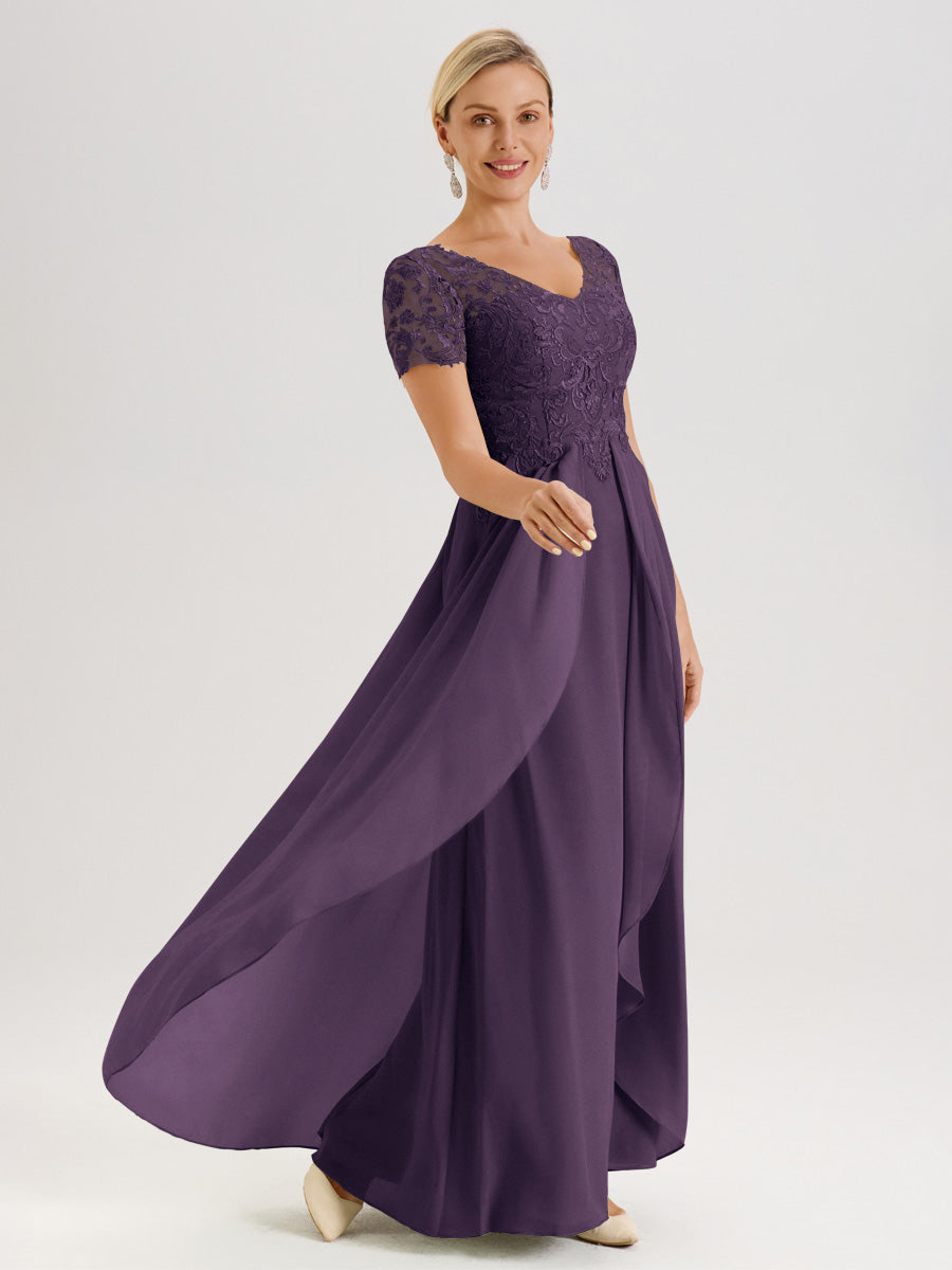 Cicinia Plum Robe De Mère De La Mariée Longue Ligne A En Dentelle Et Mousseline À Manches Courtes Et Décolleté En V