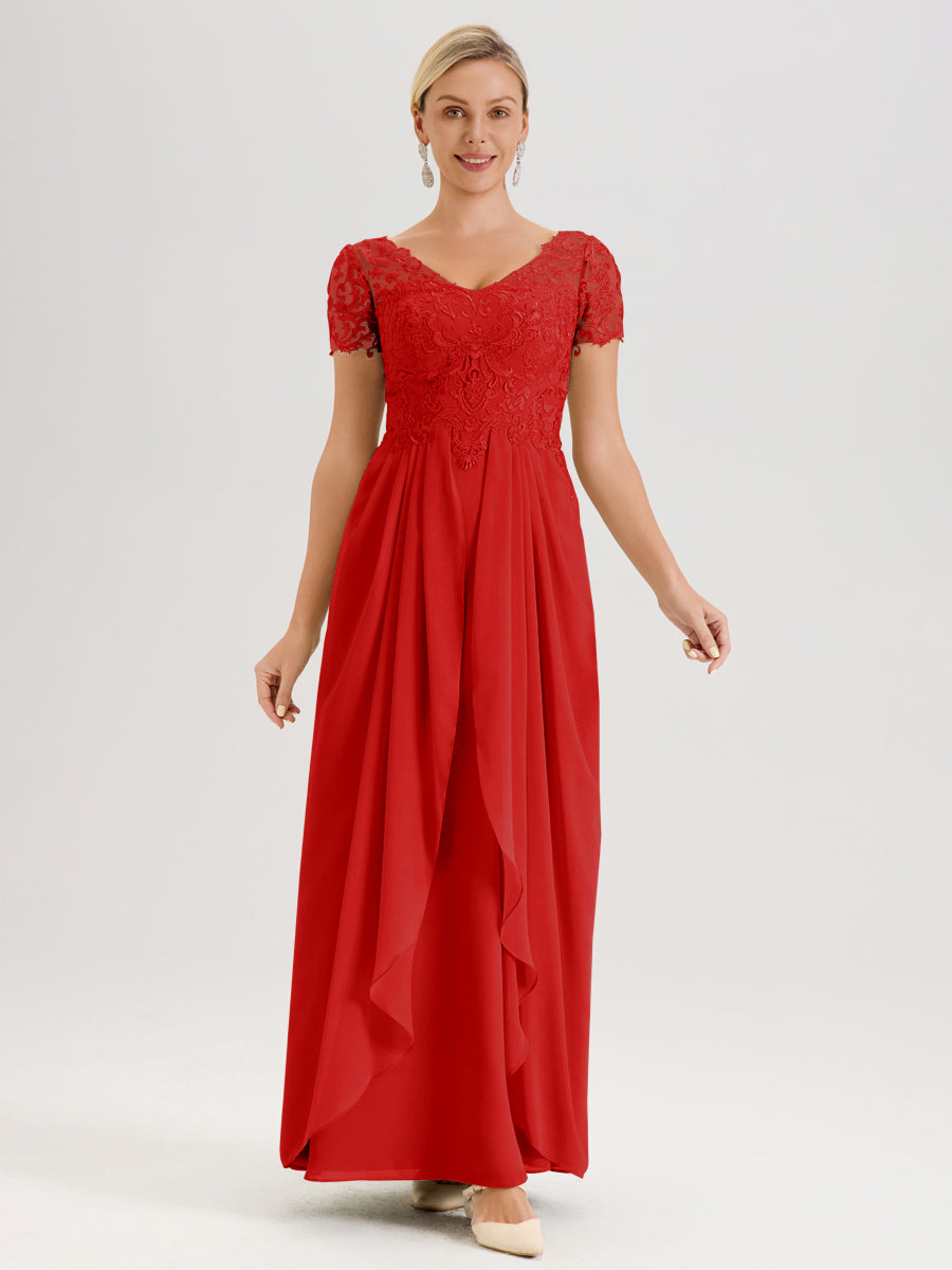 Cicinia Rouge Robe De Mère De La Mariée Longue Ligne A En Dentelle Et Mousseline À Manches Courtes Et Décolleté En V
