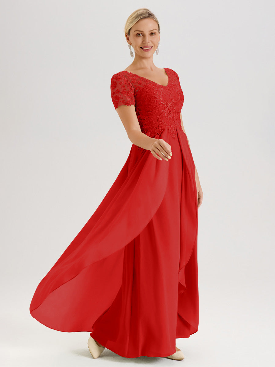 Cicinia Rouge Robe De Mère De La Mariée Longue Ligne A En Dentelle Et Mousseline À Manches Courtes Et Décolleté En V