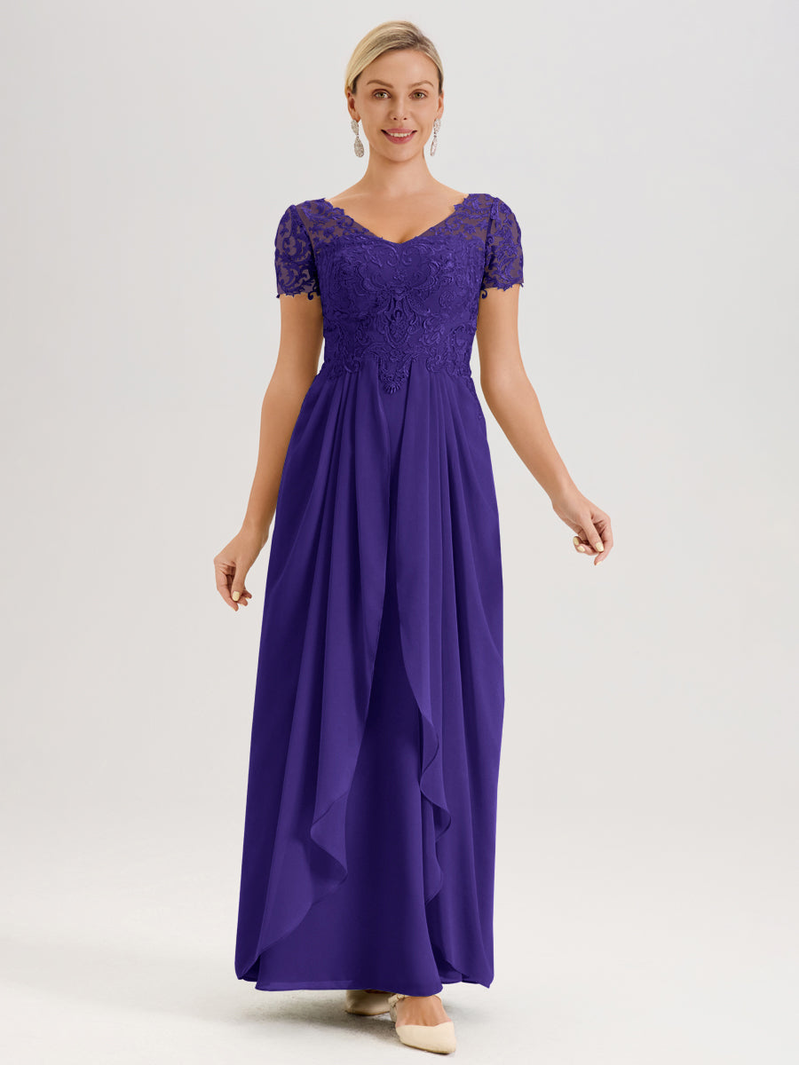 Cicinia Régence Robe De Mère De La Mariée Longue Ligne A En Dentelle Et Mousseline À Manches Courtes Et Décolleté En V