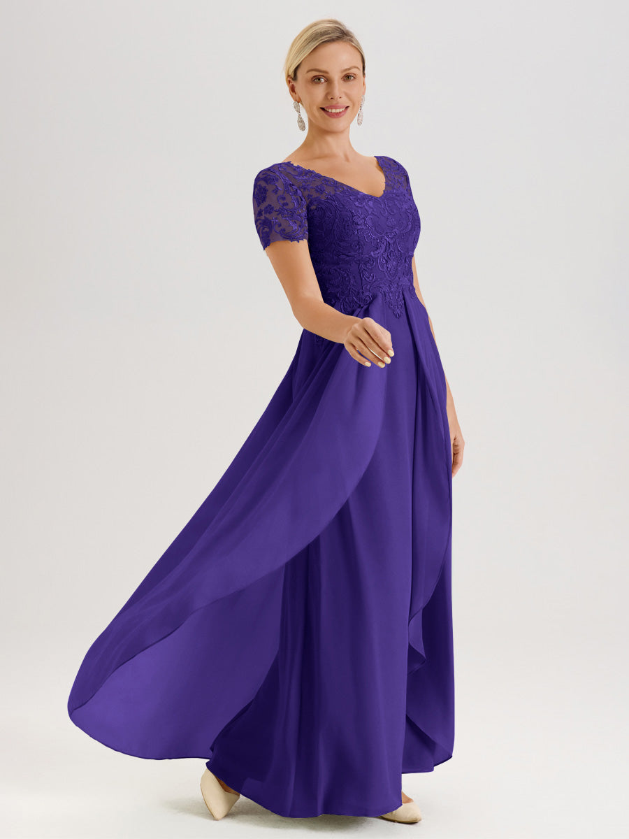 Cicinia Régence Robe De Mère De La Mariée Longue Ligne A En Dentelle Et Mousseline À Manches Courtes Et Décolleté En V