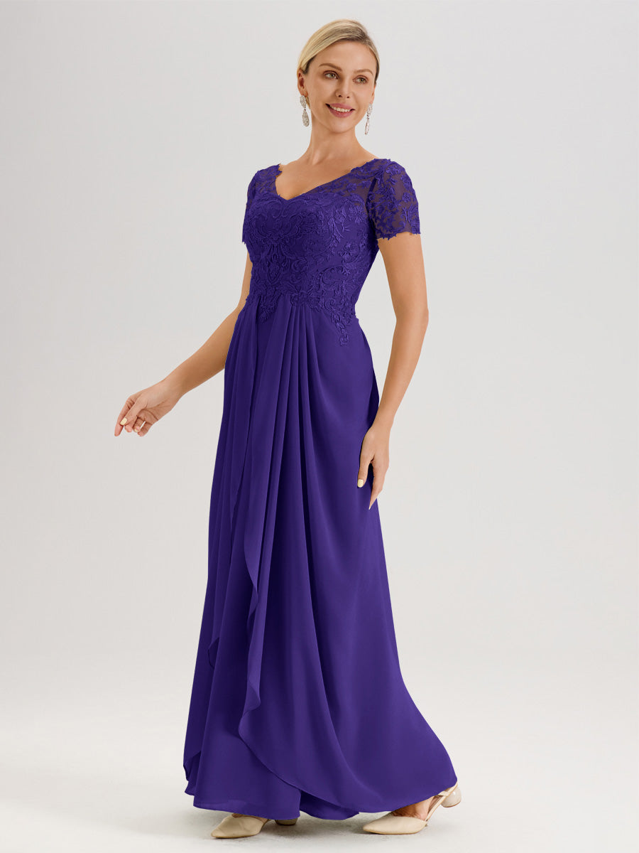 Cicinia Régence Robe De Mère De La Mariée Longue Ligne A En Dentelle Et Mousseline À Manches Courtes Et Décolleté En V