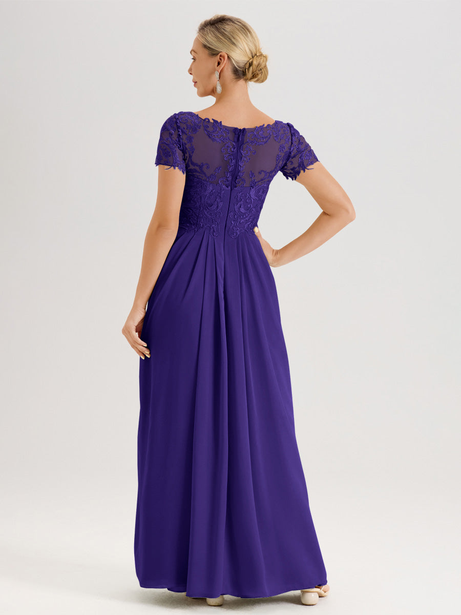 Cicinia Régence Robe De Mère De La Mariée Longue Ligne A En Dentelle Et Mousseline À Manches Courtes Et Décolleté En V
