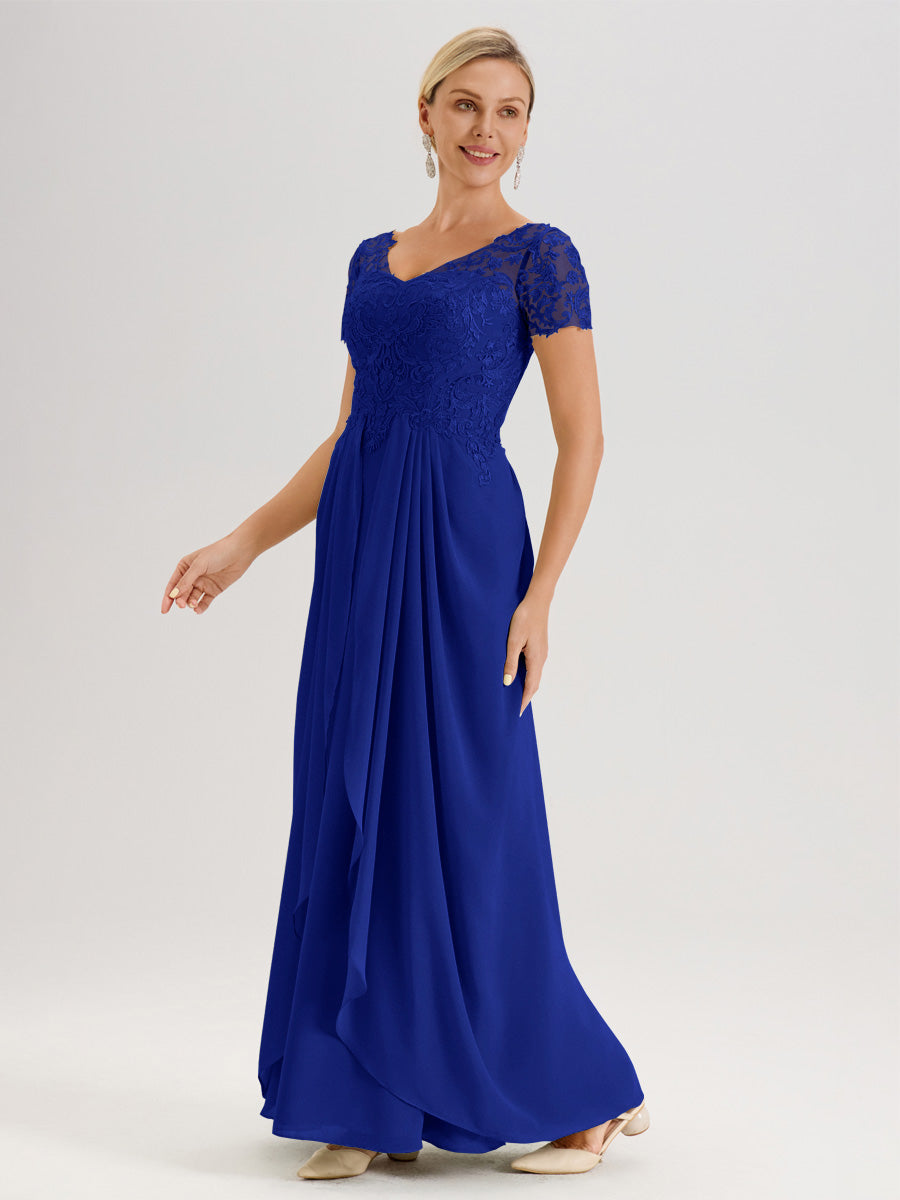 Cicinia Bleu Royale Robe De Mère De La Mariée Longue Ligne A En Dentelle Et Mousseline À Manches Courtes Et Décolleté En V