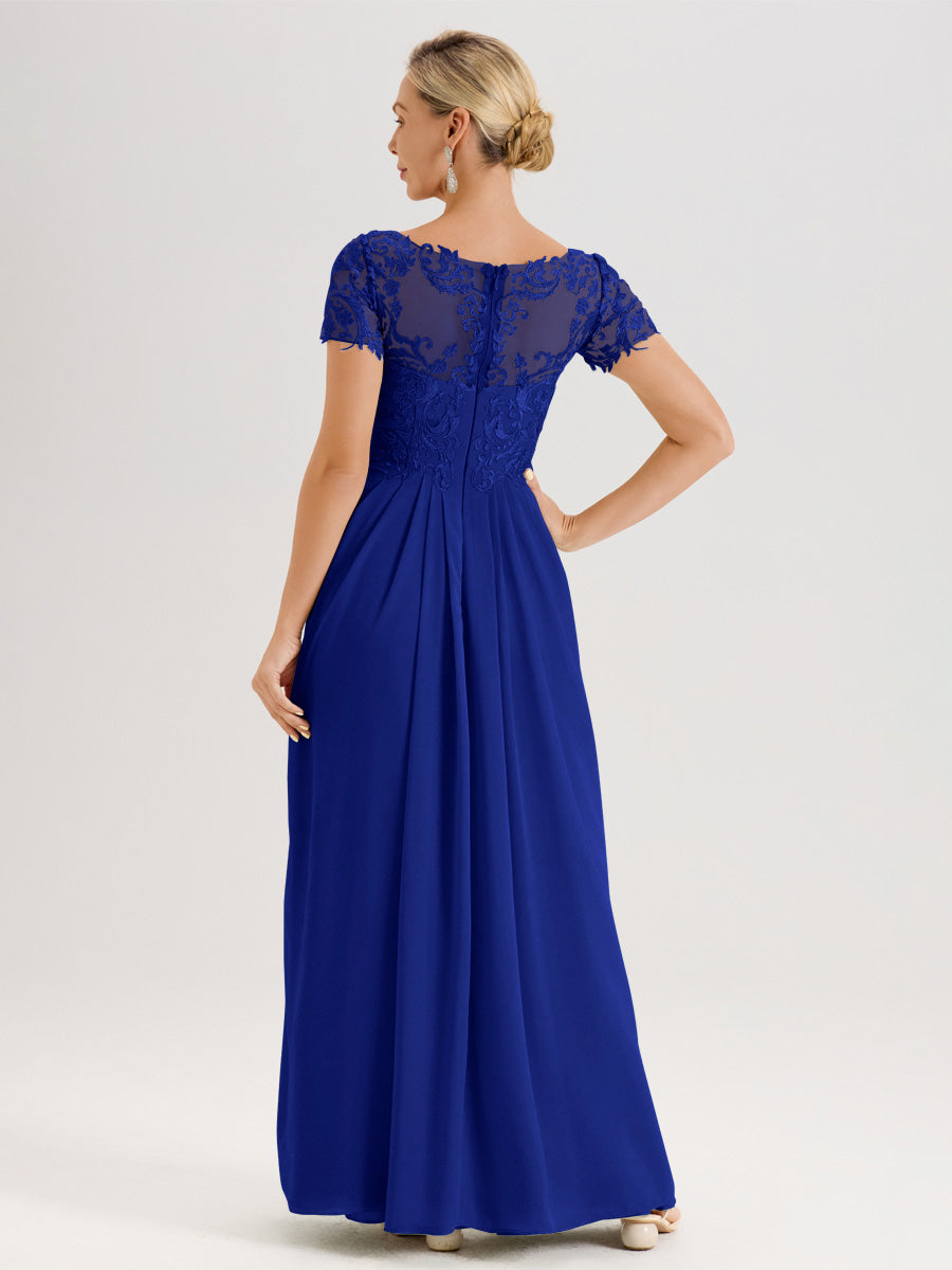 Cicinia Bleu Royale Robe De Mère De La Mariée Longue Ligne A En Dentelle Et Mousseline À Manches Courtes Et Décolleté En V