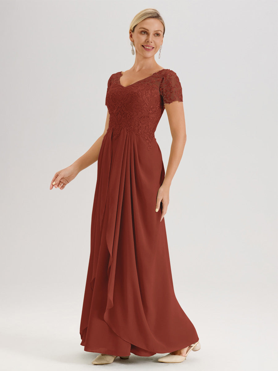Cicinia Rouille Robe De Mère De La Mariée Longue Ligne A En Dentelle Et Mousseline À Manches Courtes Et Décolleté En V