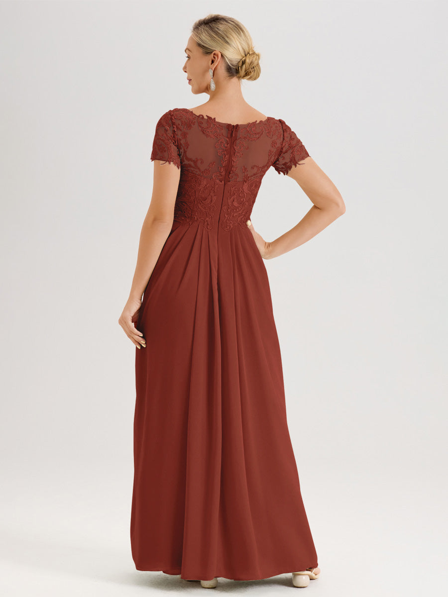 Cicinia Rouille Robe De Mère De La Mariée Longue Ligne A En Dentelle Et Mousseline À Manches Courtes Et Décolleté En V