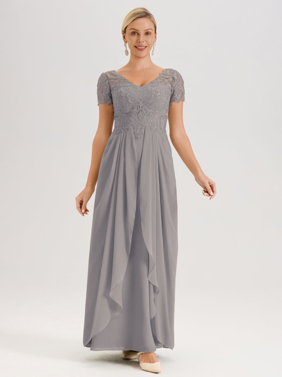 Cicinia Argent Robe De Mère De La Mariée Longue Ligne A En Dentelle Et Mousseline À Manches Courtes Et Décolleté En V