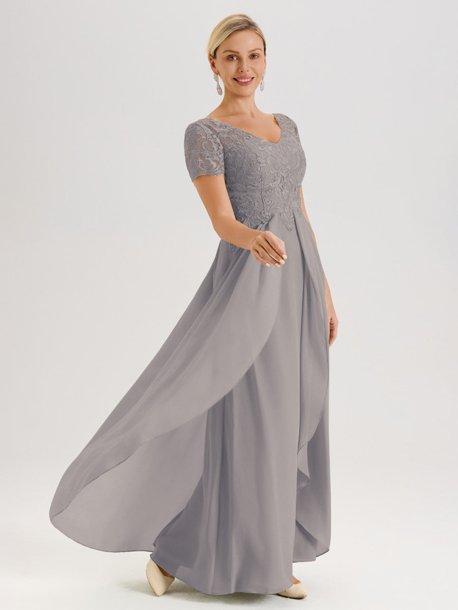 Cicinia Argent Robe De Mère De La Mariée Longue Ligne A En Dentelle Et Mousseline À Manches Courtes Et Décolleté En V