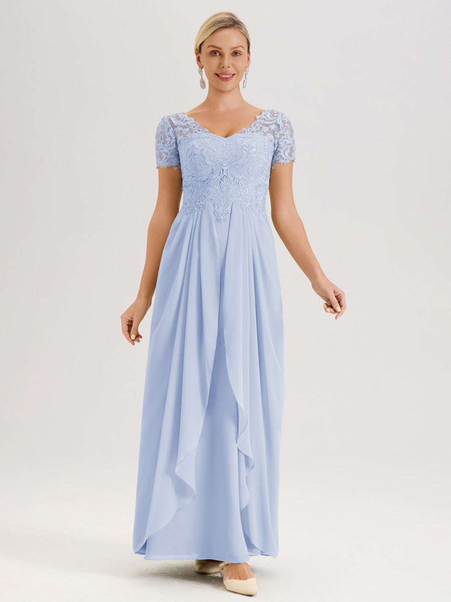 Cicinia Bleu Ciel Robe De Mère De La Mariée Longue Ligne A En Dentelle Et Mousseline À Manches Courtes Et Décolleté En V