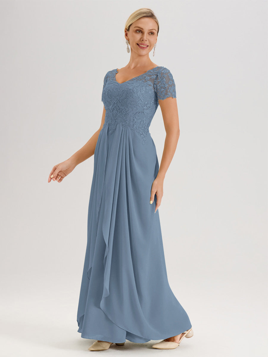 Cicinia Bleu De Schiste Robe De Mère De La Mariée Longue Ligne A En Dentelle Et Mousseline À Manches Courtes Et Décolleté En V