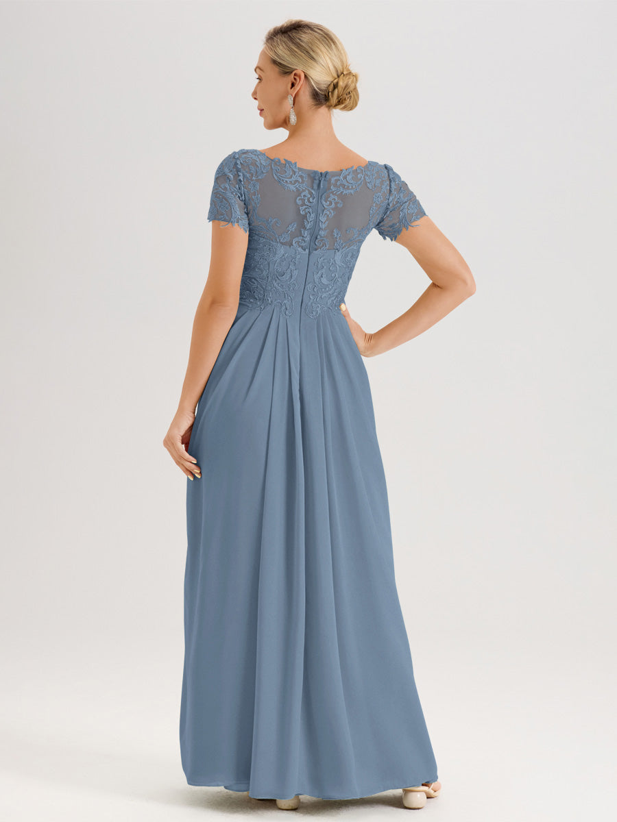 Cicinia Bleu De Schiste Robe De Mère De La Mariée Longue Ligne A En Dentelle Et Mousseline À Manches Courtes Et Décolleté En V