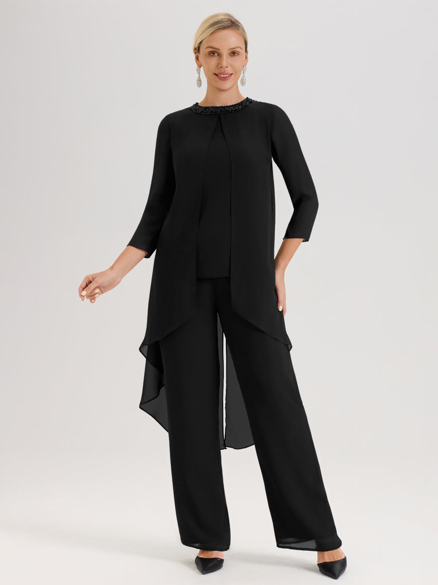 Cicinia Noir Ensemble Pantalon 2 Pièces Pour Mère De La Mariée En Mousseline À Col Rond Et Manches Longues