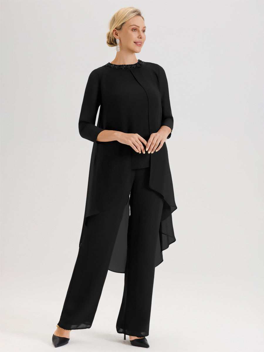 Cicinia Noir Ensemble Pantalon 2 Pièces Pour Mère De La Mariée En Mousseline À Col Rond Et Manches Longues