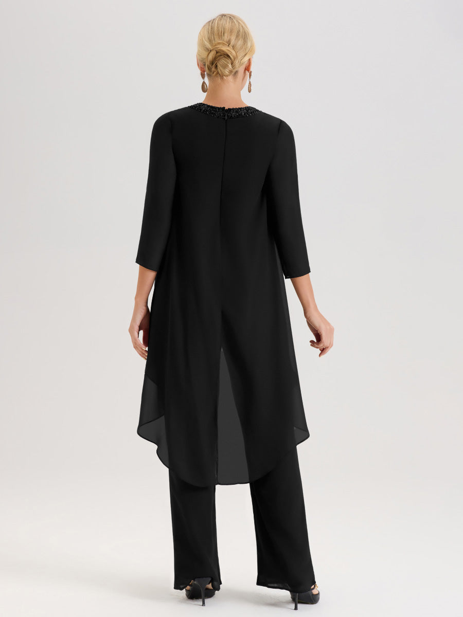 Cicinia Noir Ensemble Pantalon 2 Pièces Pour Mère De La Mariée En Mousseline À Col Rond Et Manches Longues
