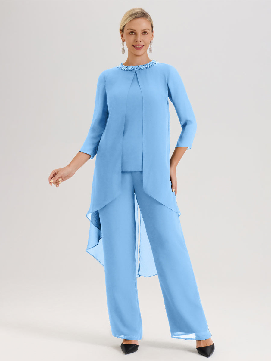 Cicinia Bleu Ensemble Pantalon 2 Pièces Pour Mère De La Mariée En Mousseline À Col Rond Et Manches Longues