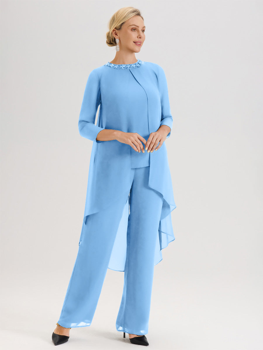 Cicinia Bleu Ensemble Pantalon 2 Pièces Pour Mère De La Mariée En Mousseline À Col Rond Et Manches Longues