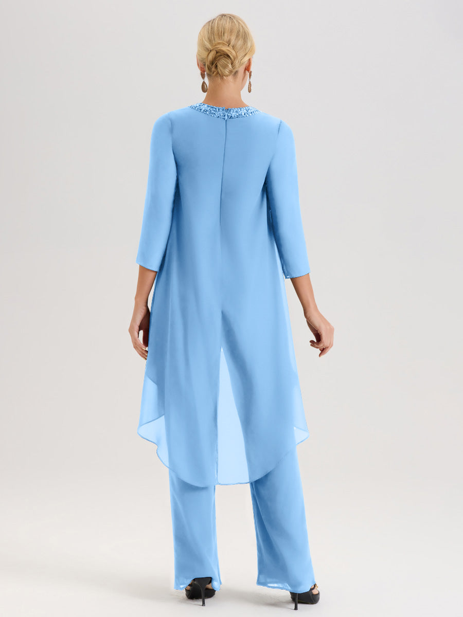 Cicinia Bleu Ensemble Pantalon 2 Pièces Pour Mère De La Mariée En Mousseline À Col Rond Et Manches Longues
