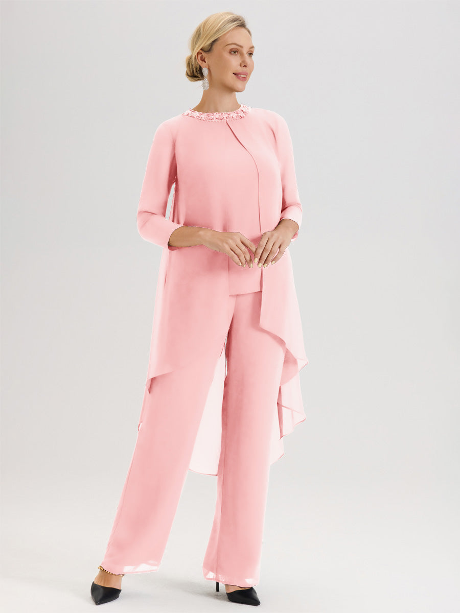 Cicinia Rose Ensemble Pantalon 2 Pièces Pour Mère De La Mariée En Mousseline À Col Rond Et Manches Longues